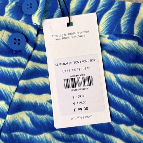 Whistles Sea foam Blue Button Front Midi Skirt, Women’s Size 10 NWT - Picture 4 of 9